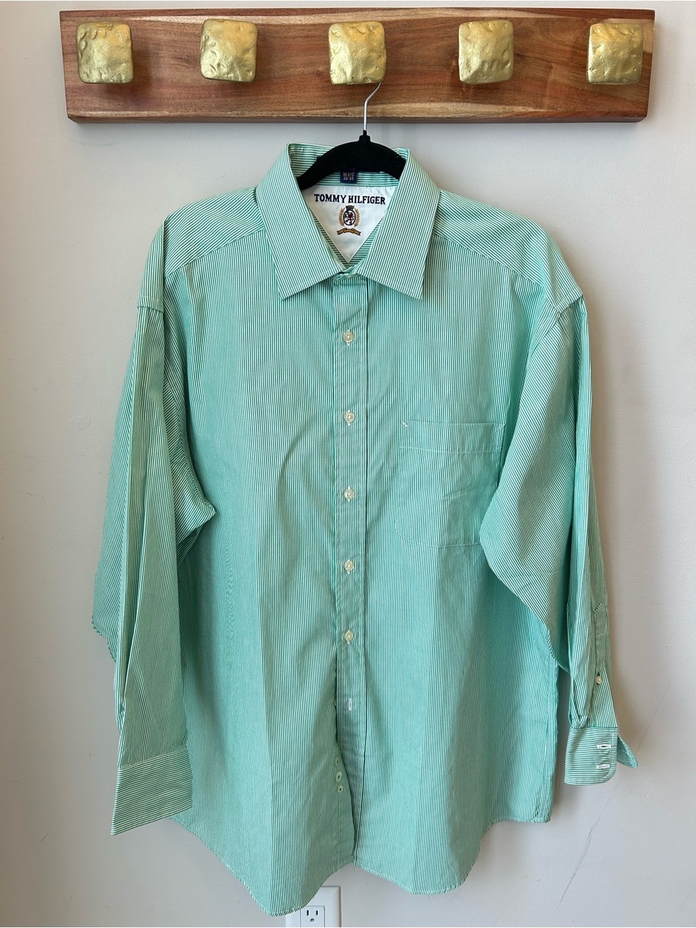 Vintage Tommy Hilfiger Green Stripe Button Up Preppy Coastal Grandpa